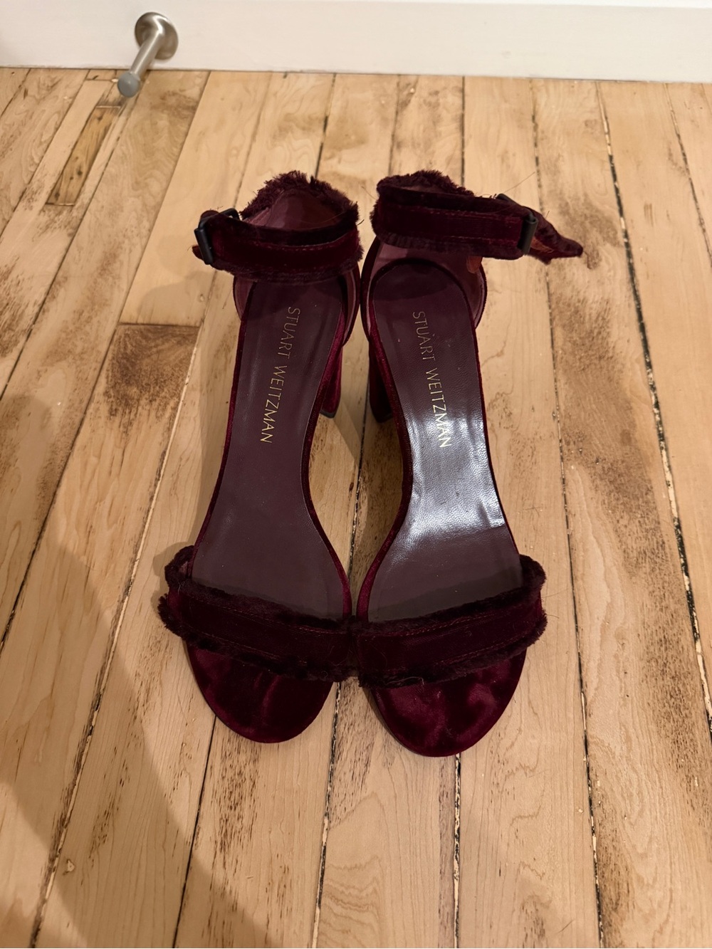 Stuart Weitzman Burgundy Velvet Ankle-Strap Heels